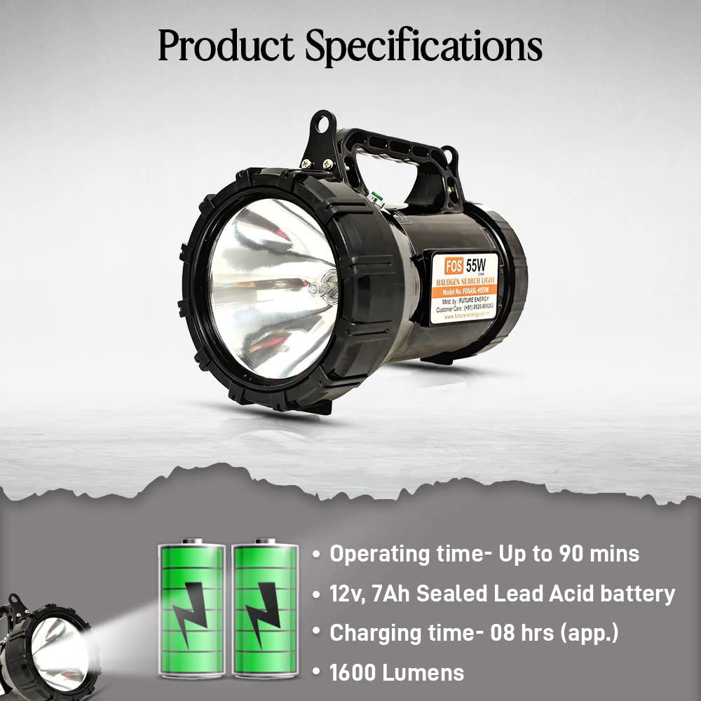 FOS 55W HALOGEN Army Search Light (Warm White 2700K) Heavy Duty Rechargeable Hand Held Torch, 1600 Lumens