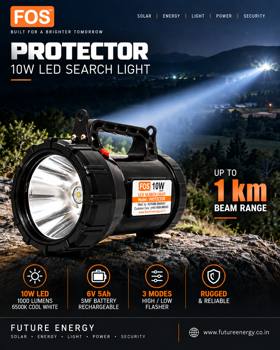 FOS PROTECTOR 10W LED Search Light | 1000 Lumens | 1 km. Range | 6500K