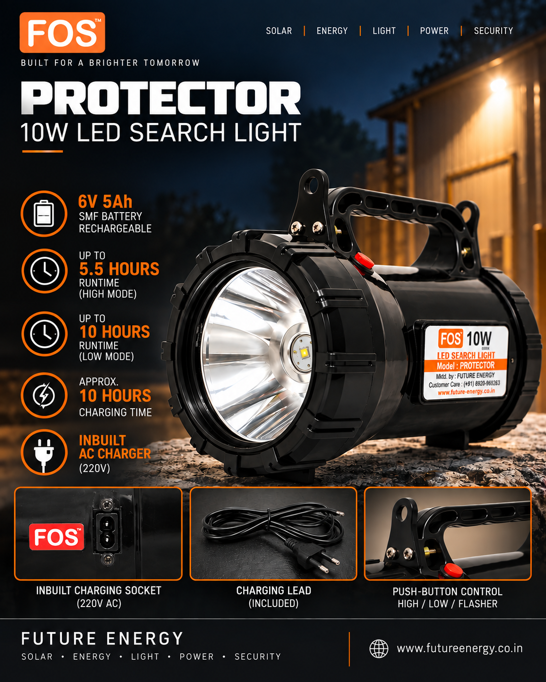 FOS PROTECTOR 10W LED Search Light | 1000 Lumens | 1 km. Range | 6500K
