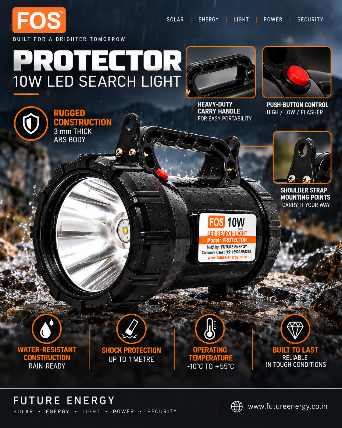 FOS PROTECTOR 10W LED Search Light | 1000 Lumens | 1 km. Range | 6500K