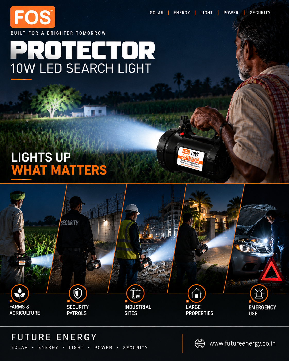 FOS PROTECTOR 10W LED Search Light | 1000 Lumens | 1 km. Range | 6500K