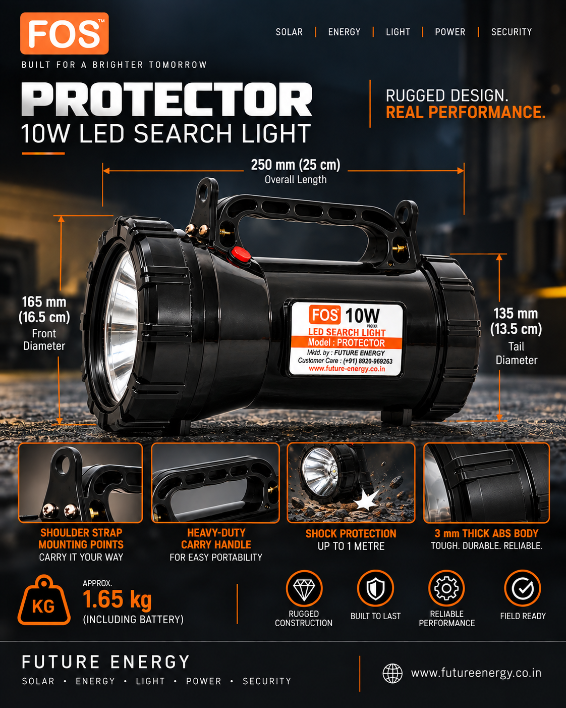 FOS PROTECTOR 10W LED Search Light | 1000 Lumens | 1 km. Range | 6500K