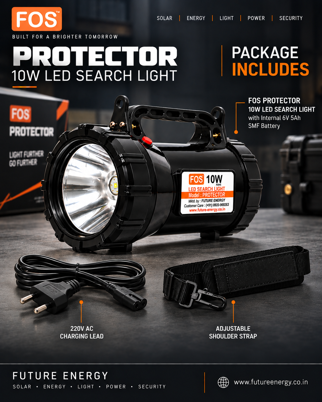 FOS PROTECTOR 10W LED Search Light | 1000 Lumens | 1 km. Range | 6500K