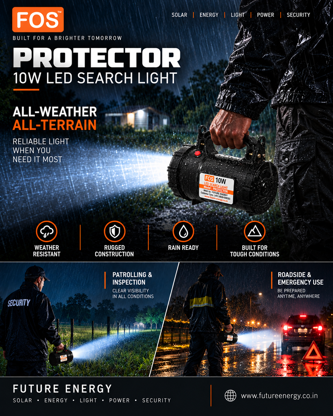 FOS PROTECTOR 10W LED Search Light | 1000 Lumens | 1 km. Range | 6500K