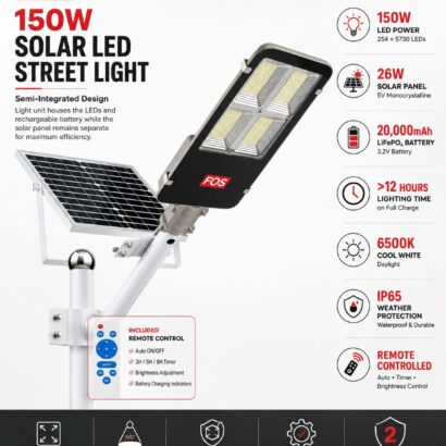 FOS 150W Semi-Integrated Solar LED Street Light specifications with solar panel and remote control