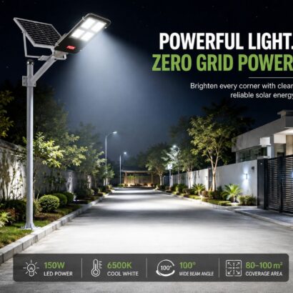 FOS 150W Semi-Integrated Solar LED Street Light illuminating a residential street at night