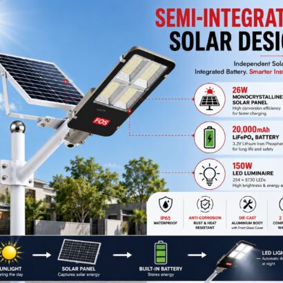 FOS 150W Semi-Integrated Solar LED Street Light design with separate monocrystalline solar panel