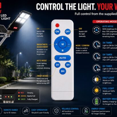 FOS 150W Semi-Integrated Solar LED Street Light remote control and timer functions