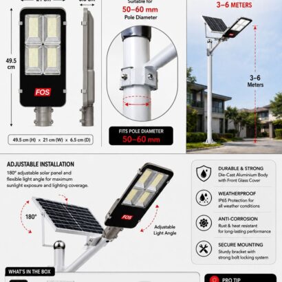 FOS 150W Semi-Integrated Solar LED Street Light installation with solar panel and wall mounting bracket