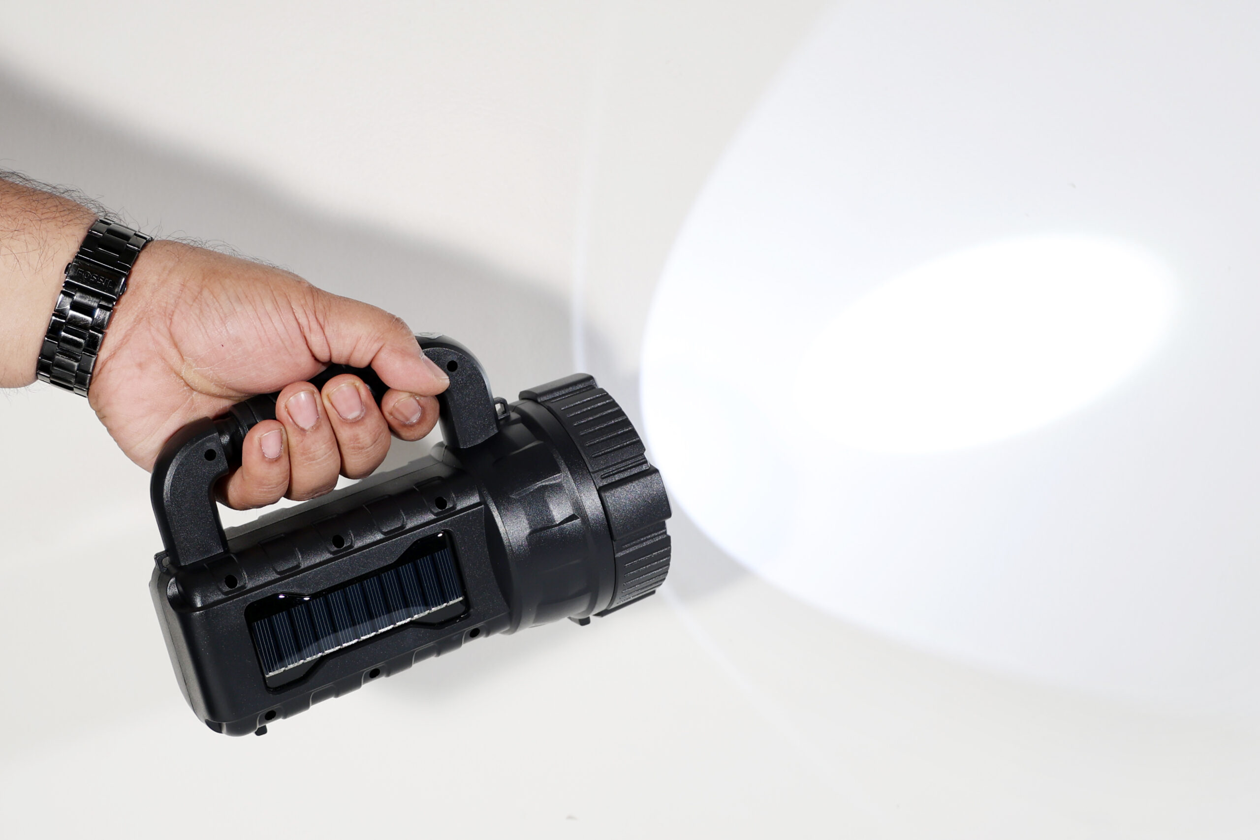 FOS 15W Solar LED Search Light with Built-in Solar Module and Emergency Work Light (1300 Lumens, 6000 mAh Li-ion Battery, Operating Range 1 Km., Warranty 1 Year)