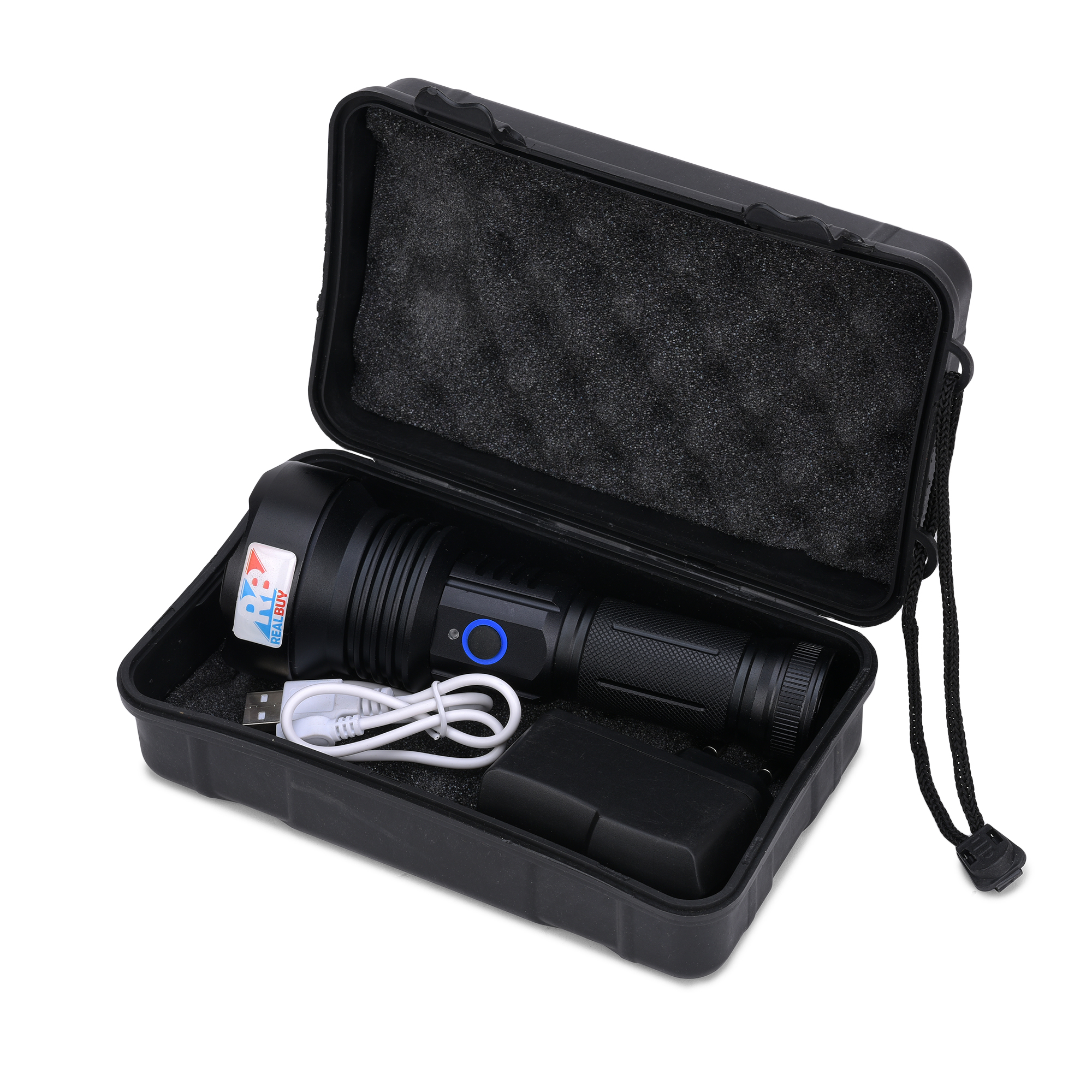 REALBUY 10W LED Flashlight Torch with Lithium-ion Battery, Black (Model: Night Buster)