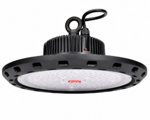 FOS UFO LED high bay light with lens, black aluminium heat sink and eye-bolt suspension on a white background