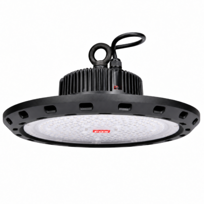 FOS UFO LED high bay light with lens, black aluminium heat sink and eye-bolt suspension on a white background