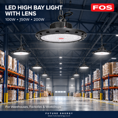 FOS LED high bay lights suspended above warehouse aisles for overhead industrial lighting