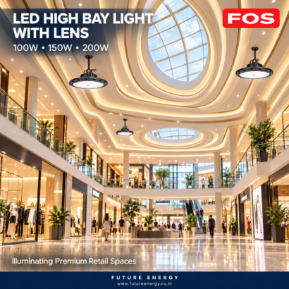 FOS LED high bay lights installed on a high designer ceiling in a shopping mall