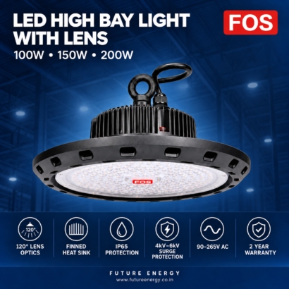 FOS 100W, 150W and 200W high bay light features: 120-degree lens, finned heat sink, IP65 and two-year warranty