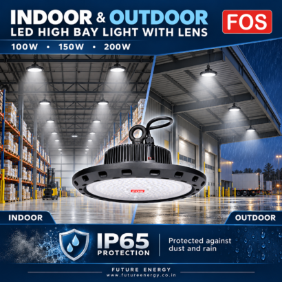 FOS IP65 LED high bay light used in an indoor warehouse and outdoor loading bay with dust and rain protection