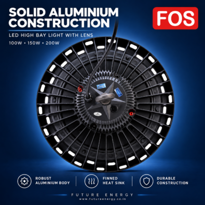 Rear view of the FOS high bay light showing its solid aluminium body, radial cooling fins and suspension eye bolt