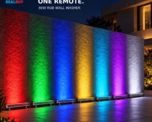 Seven REALBUY RGB wall washers showing red, green, blue, yellow, cyan, purple and white wall lighting