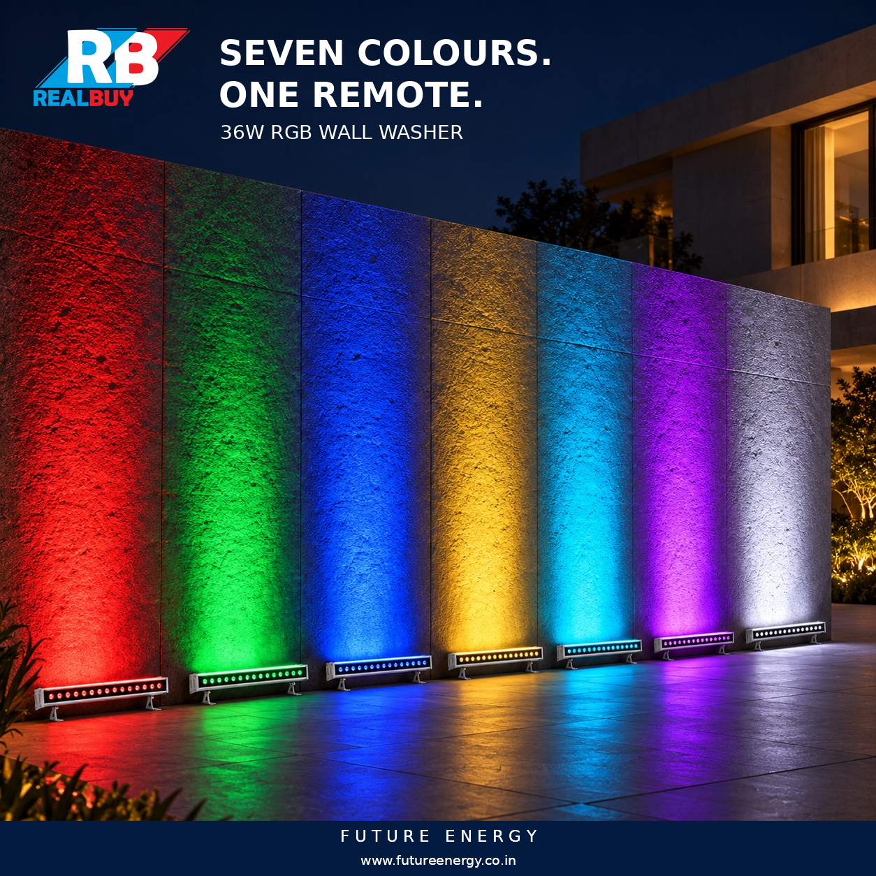 Seven REALBUY RGB wall washers showing red, green, blue, yellow, cyan, purple and white wall lighting