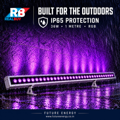 REALBUY 36W RGB wall washer casting purple light on a rain-soaked exterior wall in an IP65 protection illustration