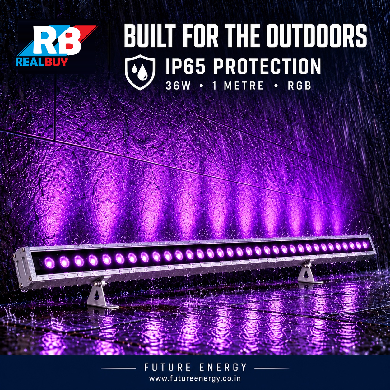 REALBUY 36W RGB wall washer casting purple light on a rain-soaked exterior wall in an IP65 protection illustration