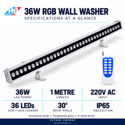 REALBUY RGB wall washer specifications: 36W, 1 metre, 220V AC, 36 LEDs, 30-degree beam and IP65