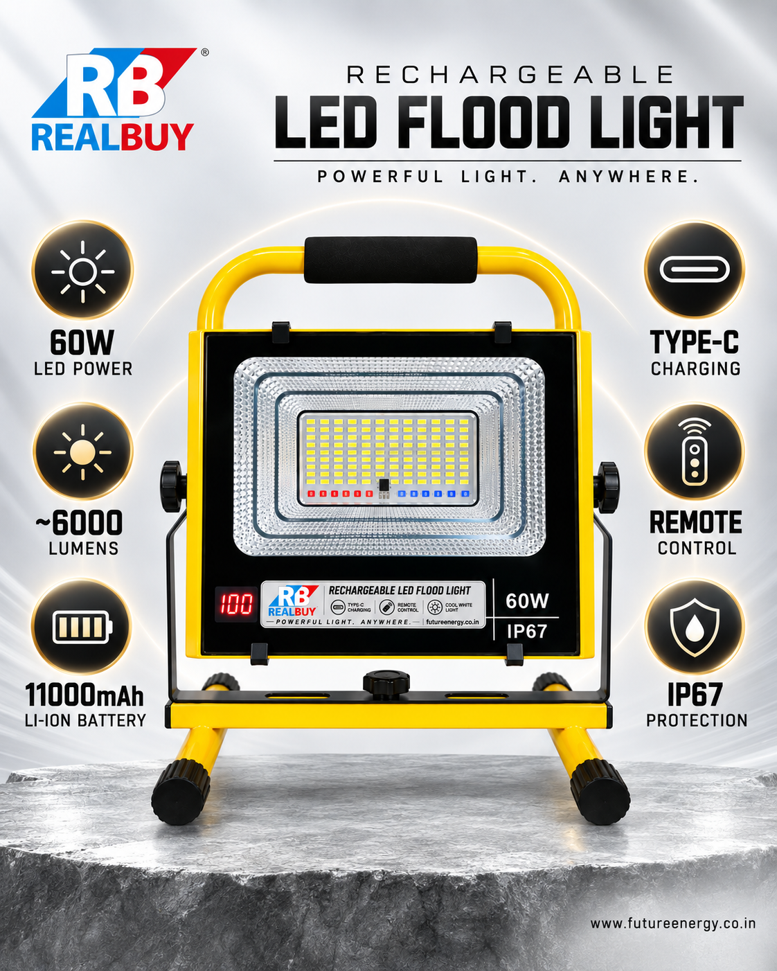 REALBUY 60W Rechargeable LED Flood Light | 11000mAh | Remote | IP67