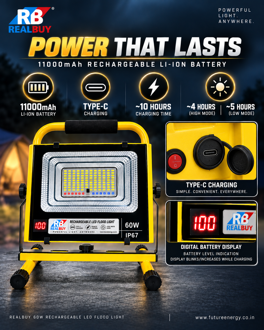 REALBUY 60W Rechargeable LED Flood Light | 11000mAh | Remote | IP67
