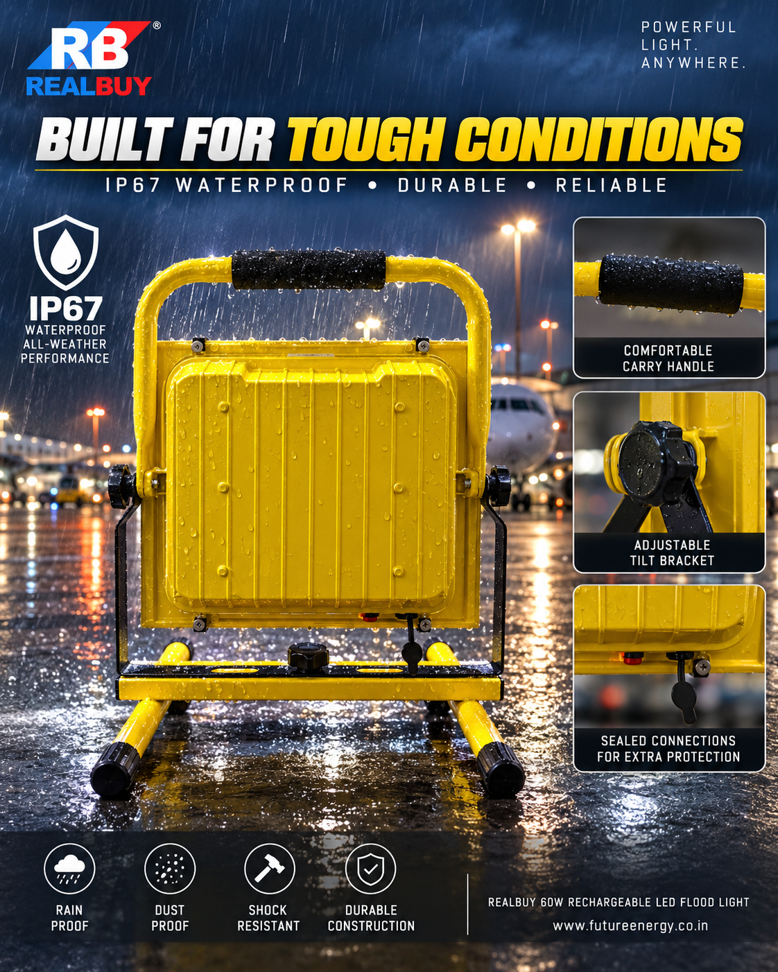 REALBUY 60W Rechargeable LED Flood Light | 11000mAh | Remote | IP67
