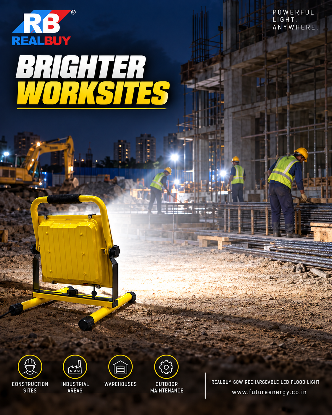 REALBUY 60W Rechargeable LED Flood Light | 11000mAh | Remote | IP67