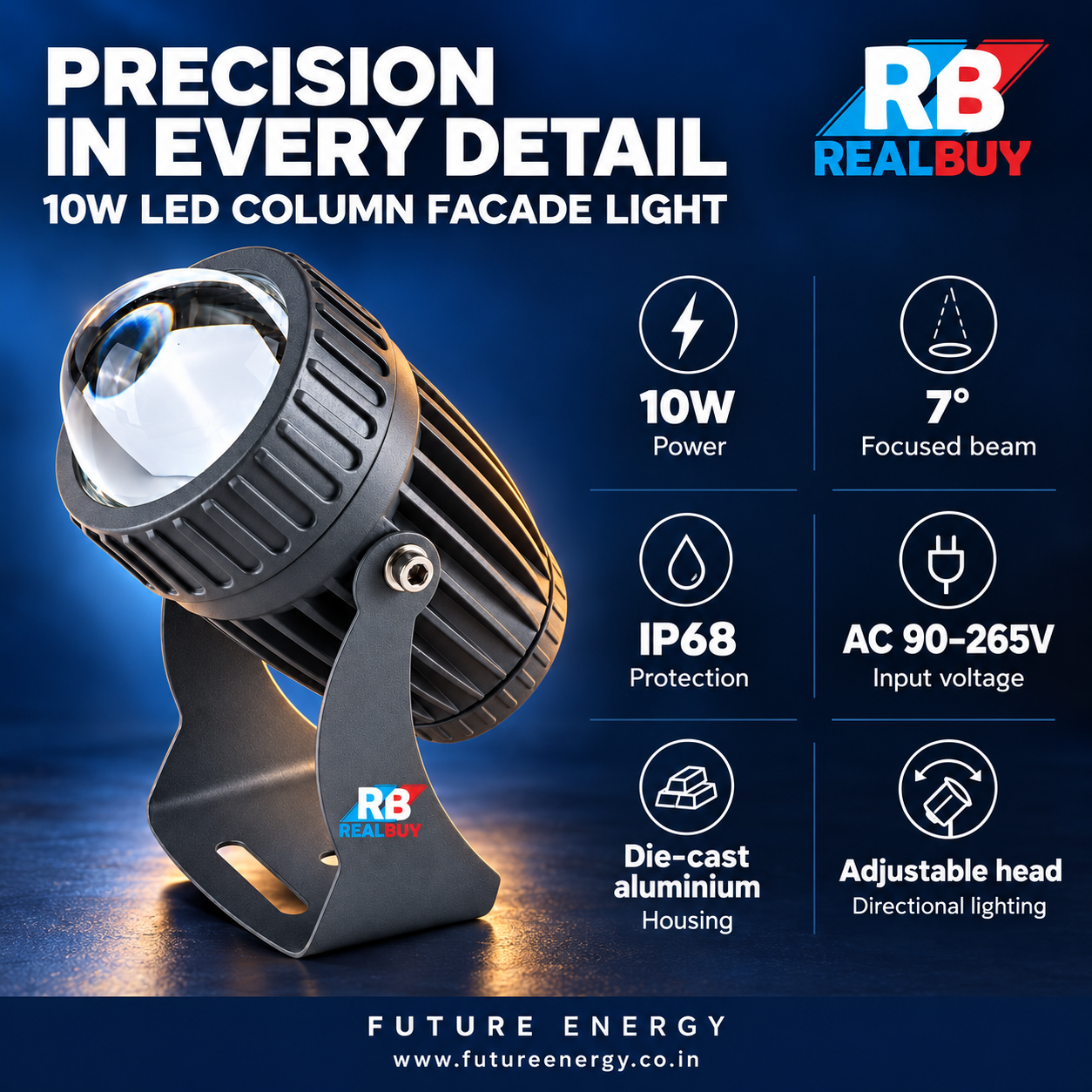 REALBUY LED 10W Column Facade Light | 7° Narrow Beam | IP68
