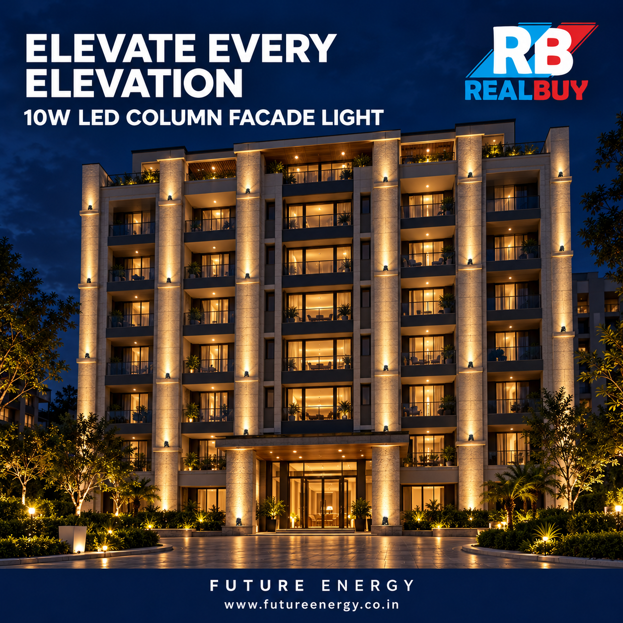 REALBUY LED 10W Column Facade Light | 7° Narrow Beam | IP68