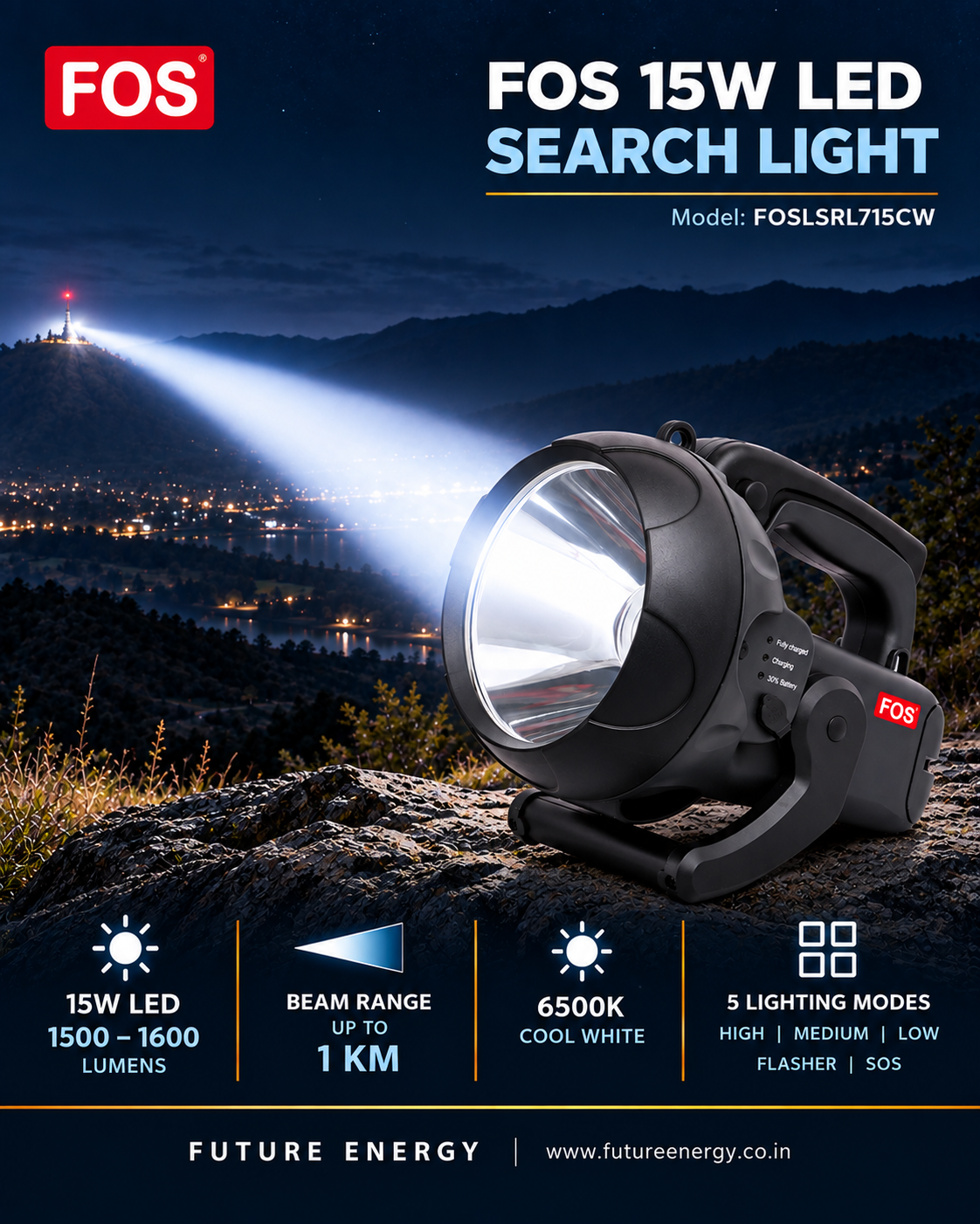 FOS 15W LED Search Light | 1500–1600 Lumens | 1 km. range | 5 Modes