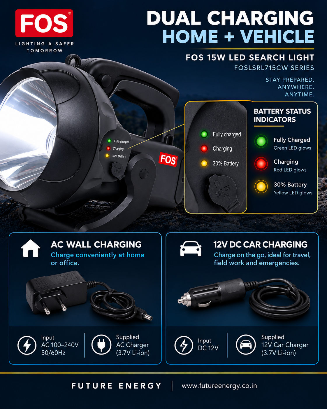 FOS 15W LED Search Light | 1500–1600 Lumens | 1 km. range | 5 Modes