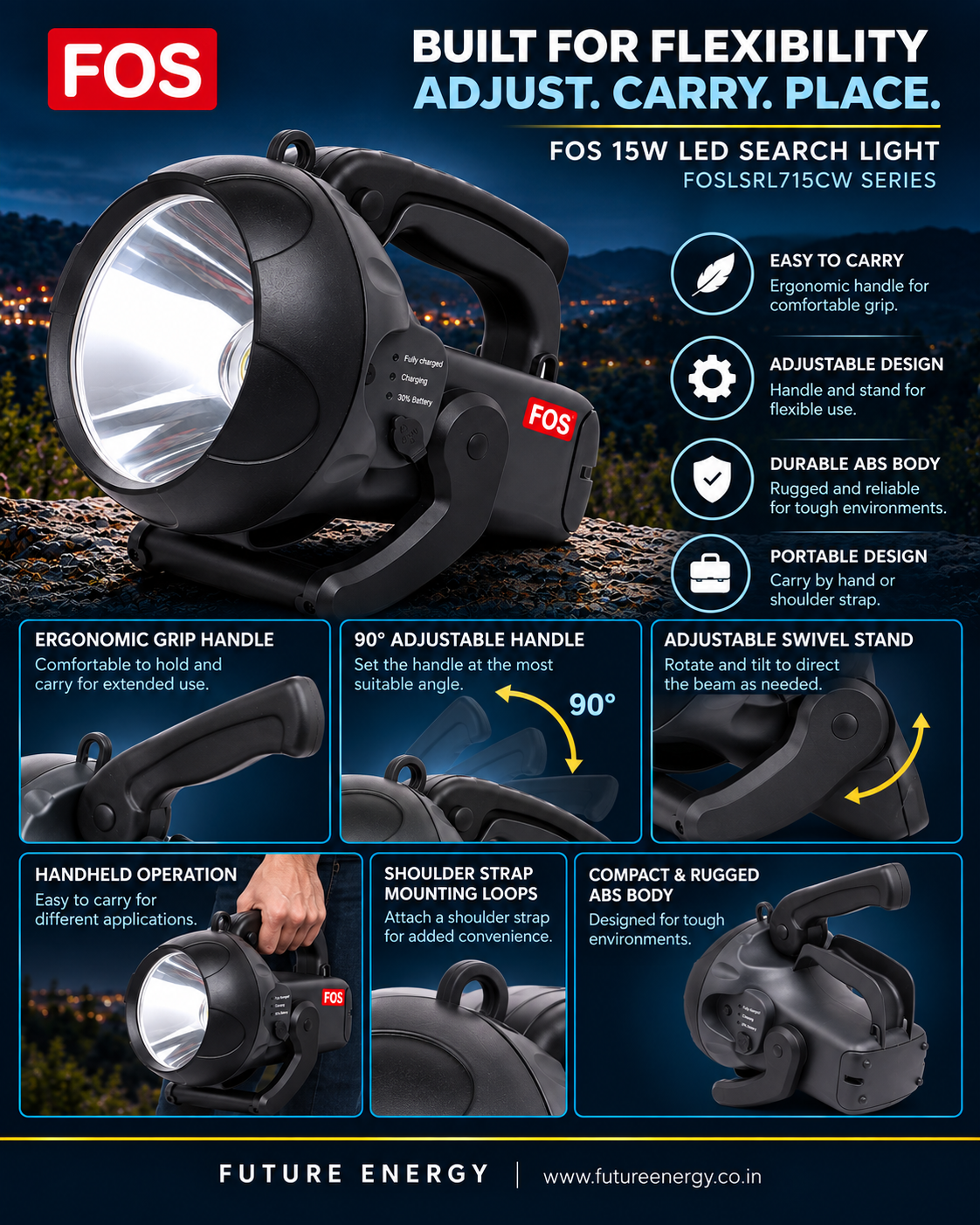 FOS 15W LED Search Light | 1500–1600 Lumens | 1 km. range | 5 Modes