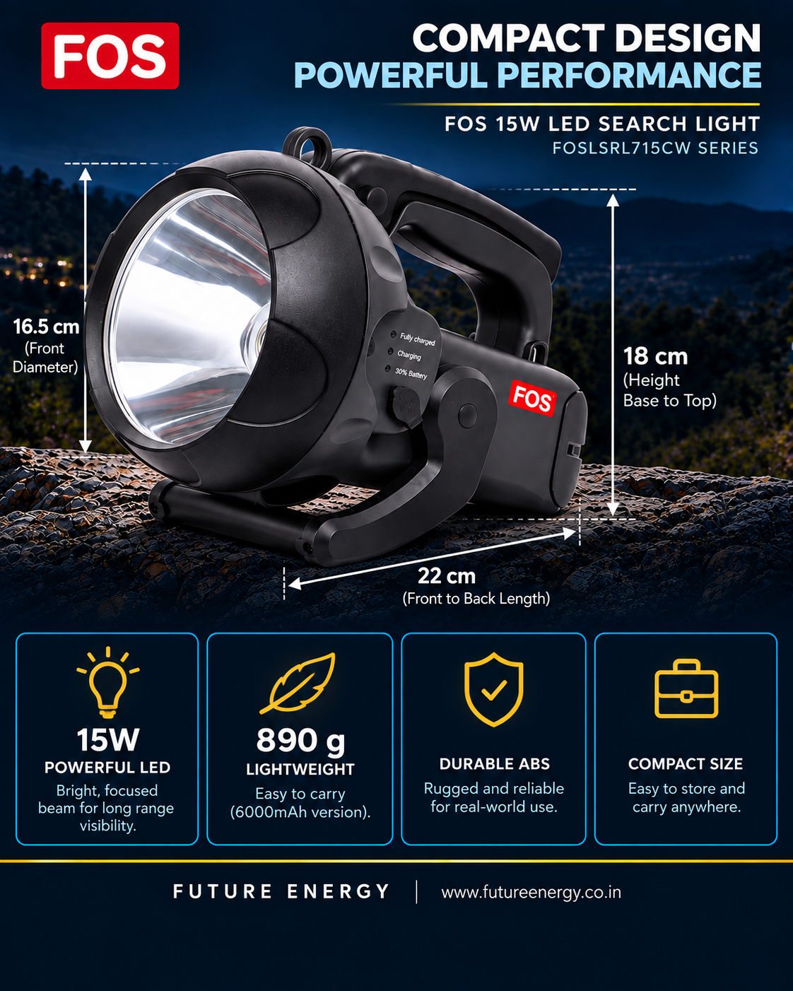 FOS 15W LED Search Light | 1500–1600 Lumens | 1 km. range | 5 Modes
