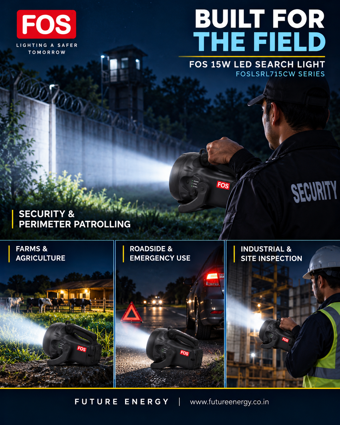 FOS 15W LED Search Light | 1500–1600 Lumens | 1 km. range | 5 Modes