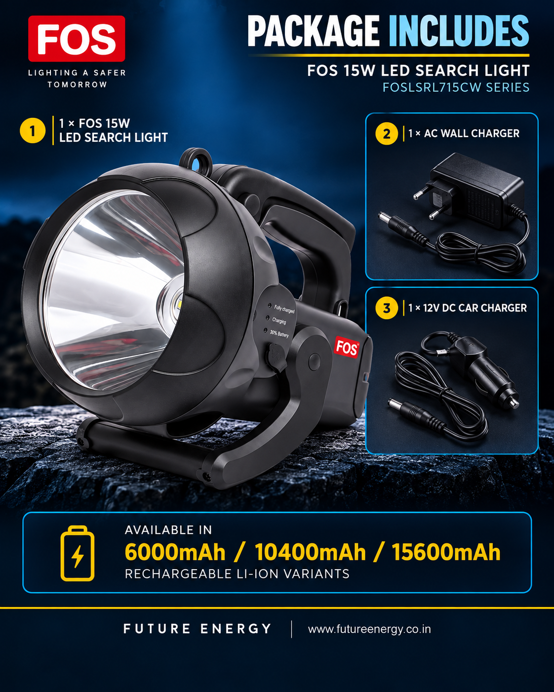 FOS 15W LED Search Light | 1500–1600 Lumens | 1 km. range | 5 Modes