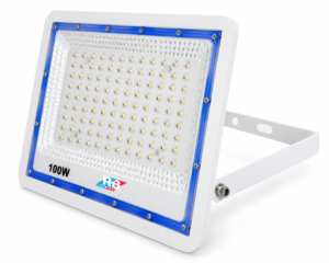 REALBUY 100W white LED lens flood light in three-quarter view with blue trim and adjustable mounting bracket