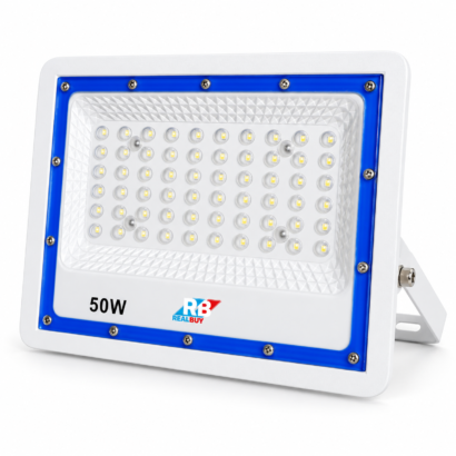 REALBUY 50W LED lens flood light with white housing blue trim and adjustable mounting bracket