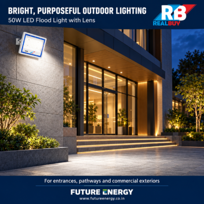 REALBUY 50W LED lens flood light illuminating a residential outdoor area