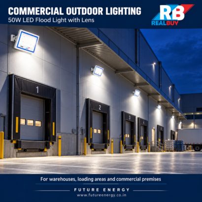 REALBUY 50W LED lens flood lights illuminating a warehouse