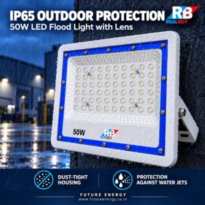 REALBUY 50W LED lens flood light illustrating IP65 outdoor protection