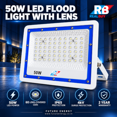 REALBUY 50W lens flood light feature overview with 5000 lumens IP65 protection and one-year warranty
