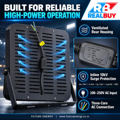 REALBUY 600W LED stadium flood light rear ventilation and inline 10kV surge protection device