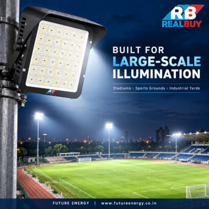 REALBUY 600W LED stadium flood light illuminating a sports ground at night