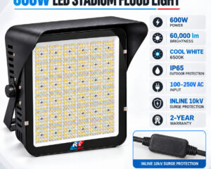 REALBUY 600W stadium flood light specifications with 60000 lumens, 6500K, IP65 and inline 10kV surge protection