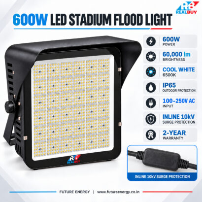 REALBUY 600W stadium flood light specifications with 60000 lumens, 6500K, IP65 and inline 10kV surge protection