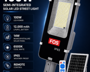 FOS 100W Semi-Integrated Solar LED Street Light specifications with solar panel and remote control